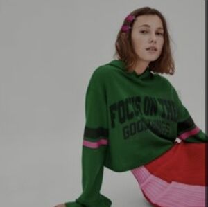 ZARA TRAFALUC Mint "FOCUS ON THE GOOD THINGS" Green|Pink Crop Hoodie SM